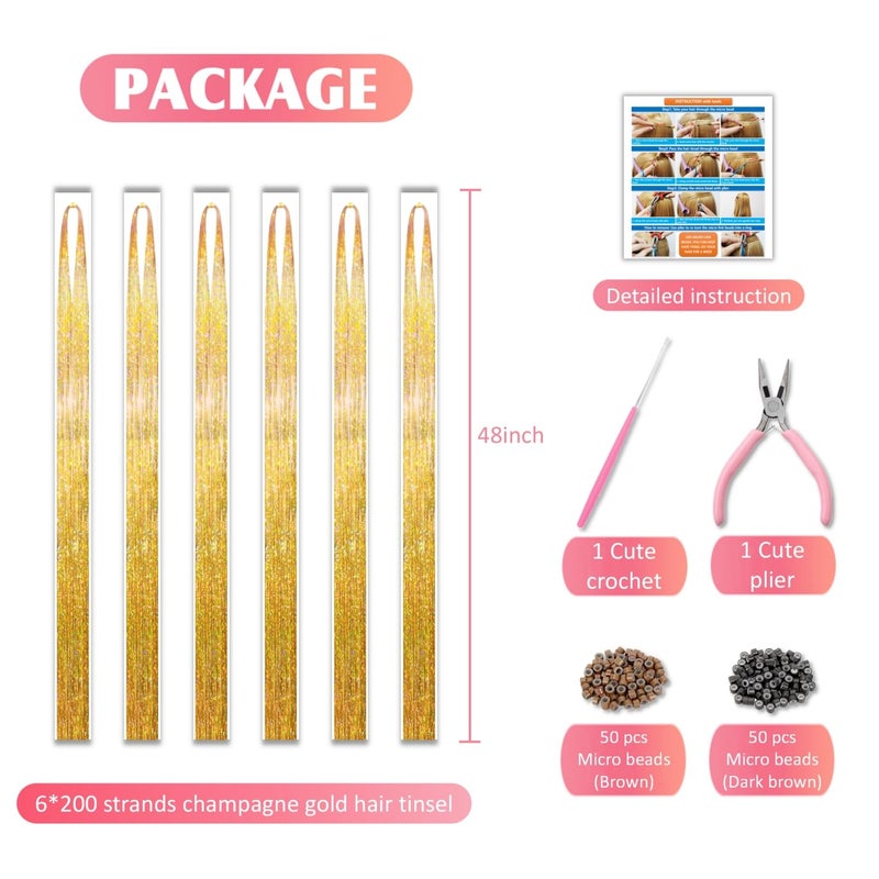 Fiwecos Champagne Gold Hair Tinsel Kit 48 Inches 1200 Strands with Tools and Instruction Easy to Install Fairy Glitter Tinsel Hair Extensions for Women and Girls，Shinny Sparkling Braiding Hair Accessories for Halloween Cosplay Party - Image 4